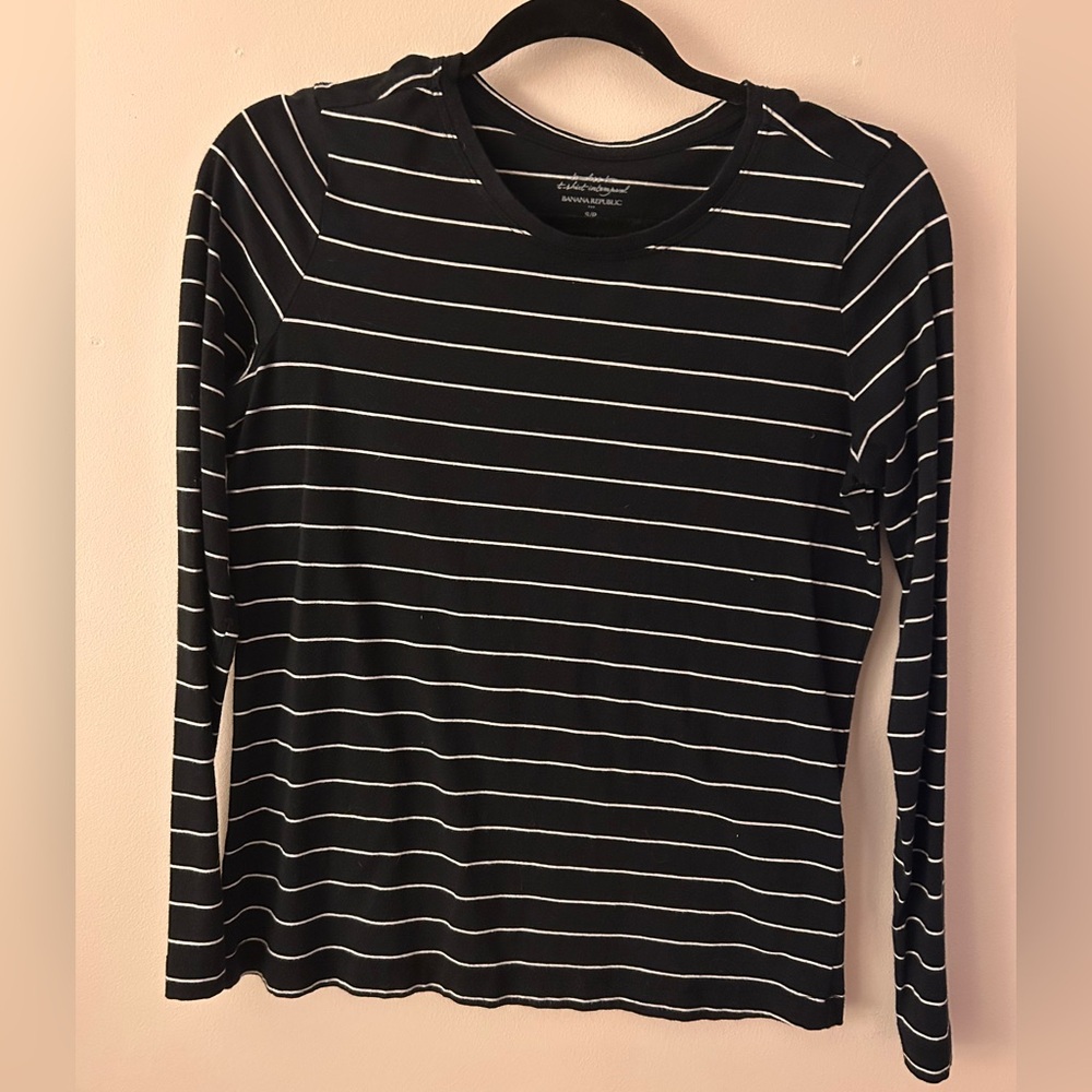 Banana Republic Navy and White Striped Long Sleeve Top
